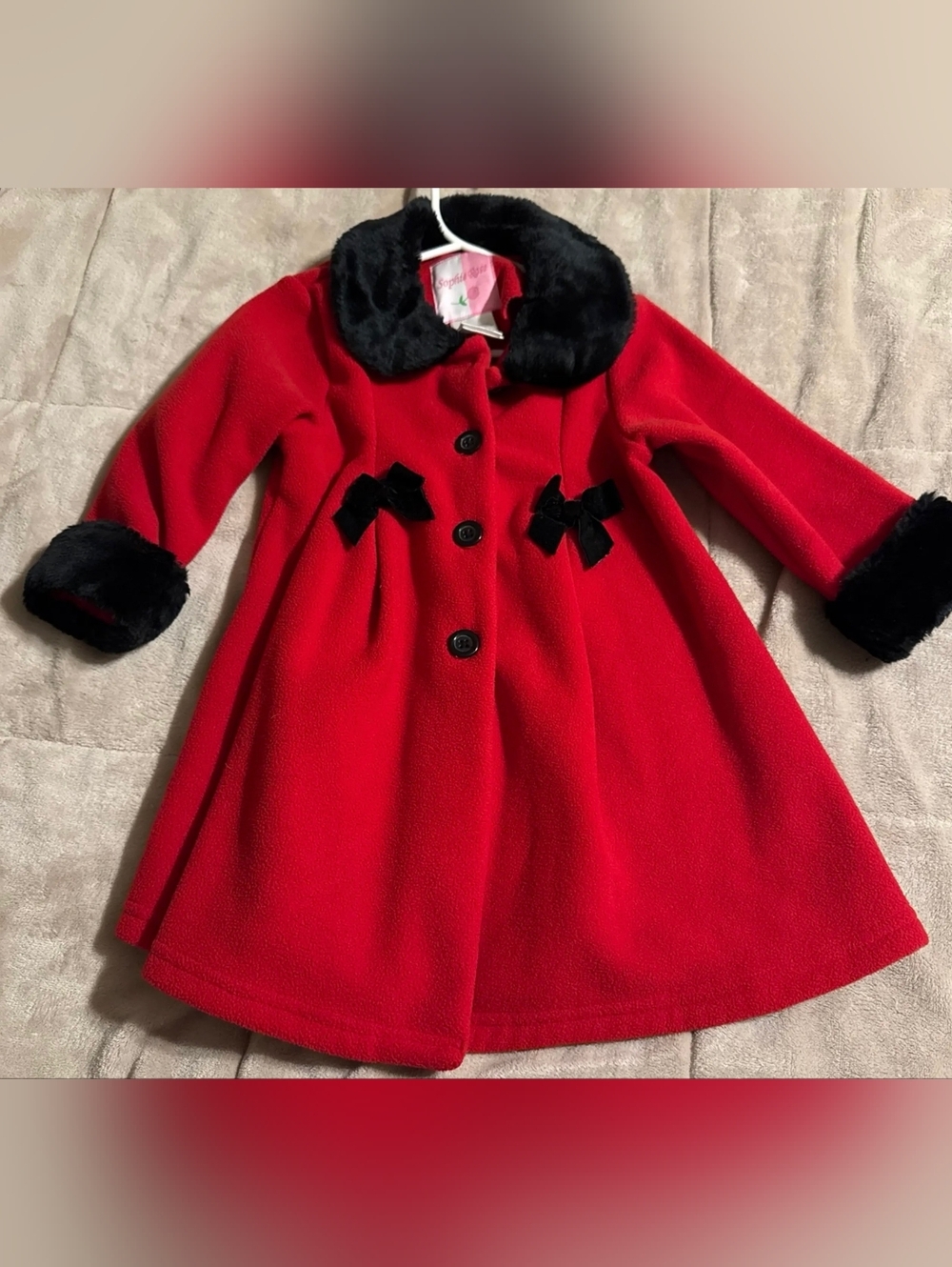 Adorable Girls Sophie Rose Red Dress Coat w/Black Trim & Bow Details, Sz 4T! 🍁